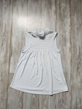 Pleione Sleeveless Mock Neck Smocked Blouse Light Blue Soft Stretch Sz XS EUC